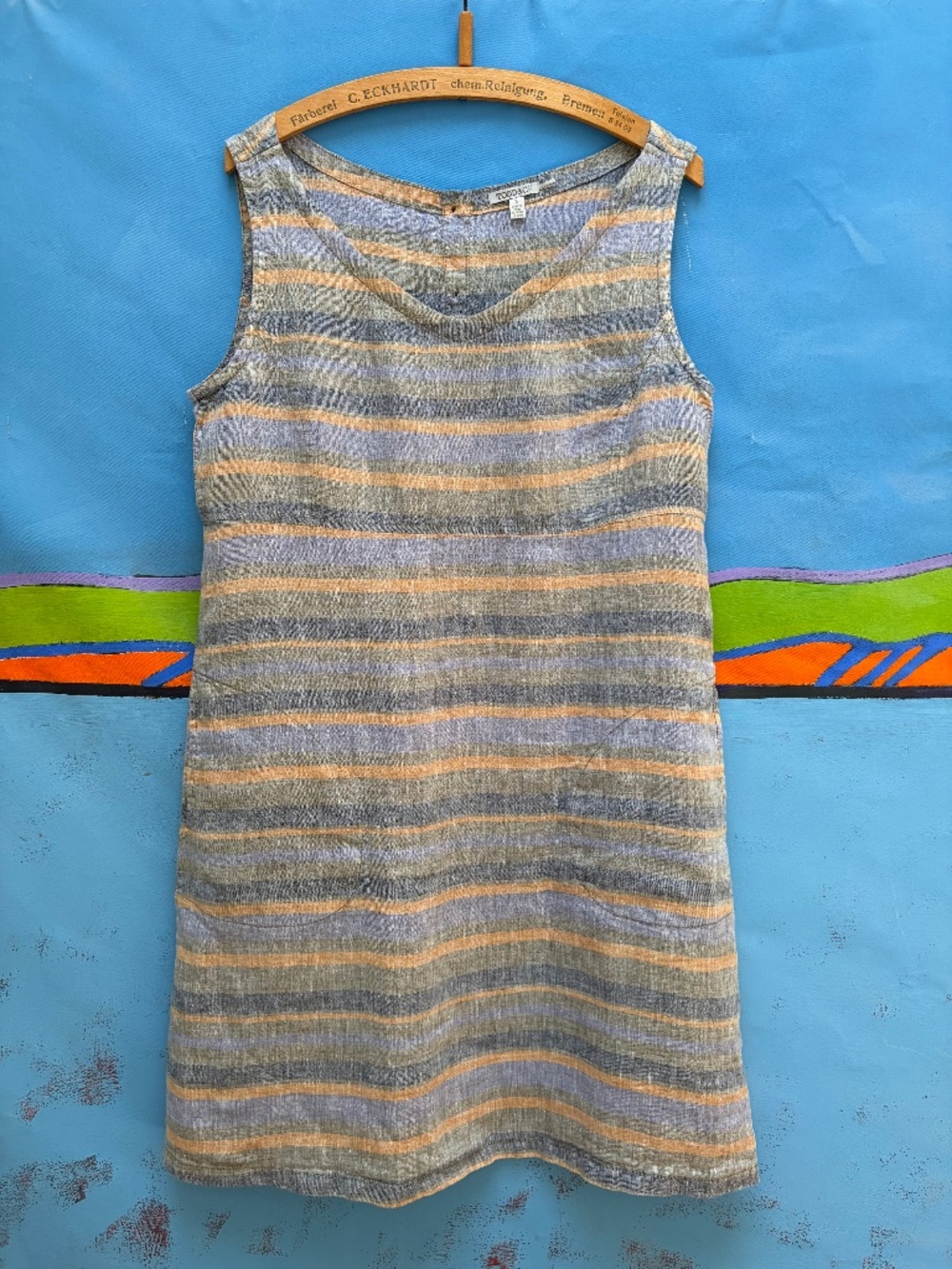 Toad & Co sleeveless, striped, A-line dobby linen dress with pockets
